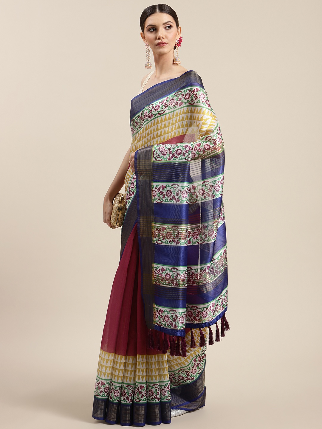 

Silk Land Navy Blue & Maroon Batik Zari Silk Blend Saree