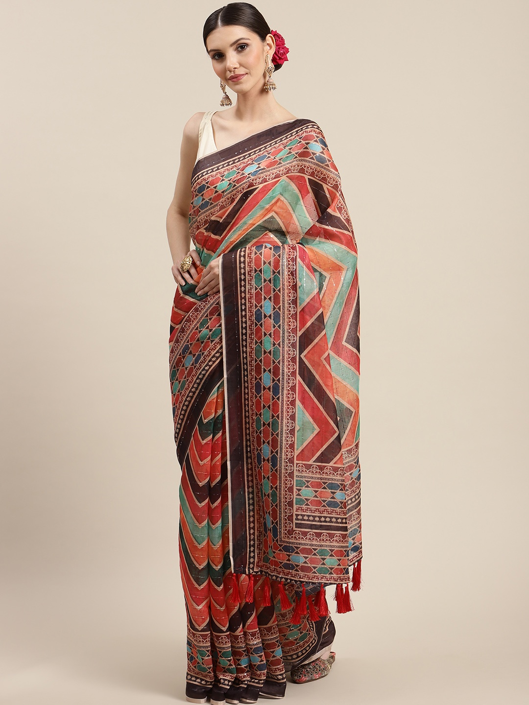 

Silk Land Red & Orange Chanderi Cotton Striped Sequinned Saree