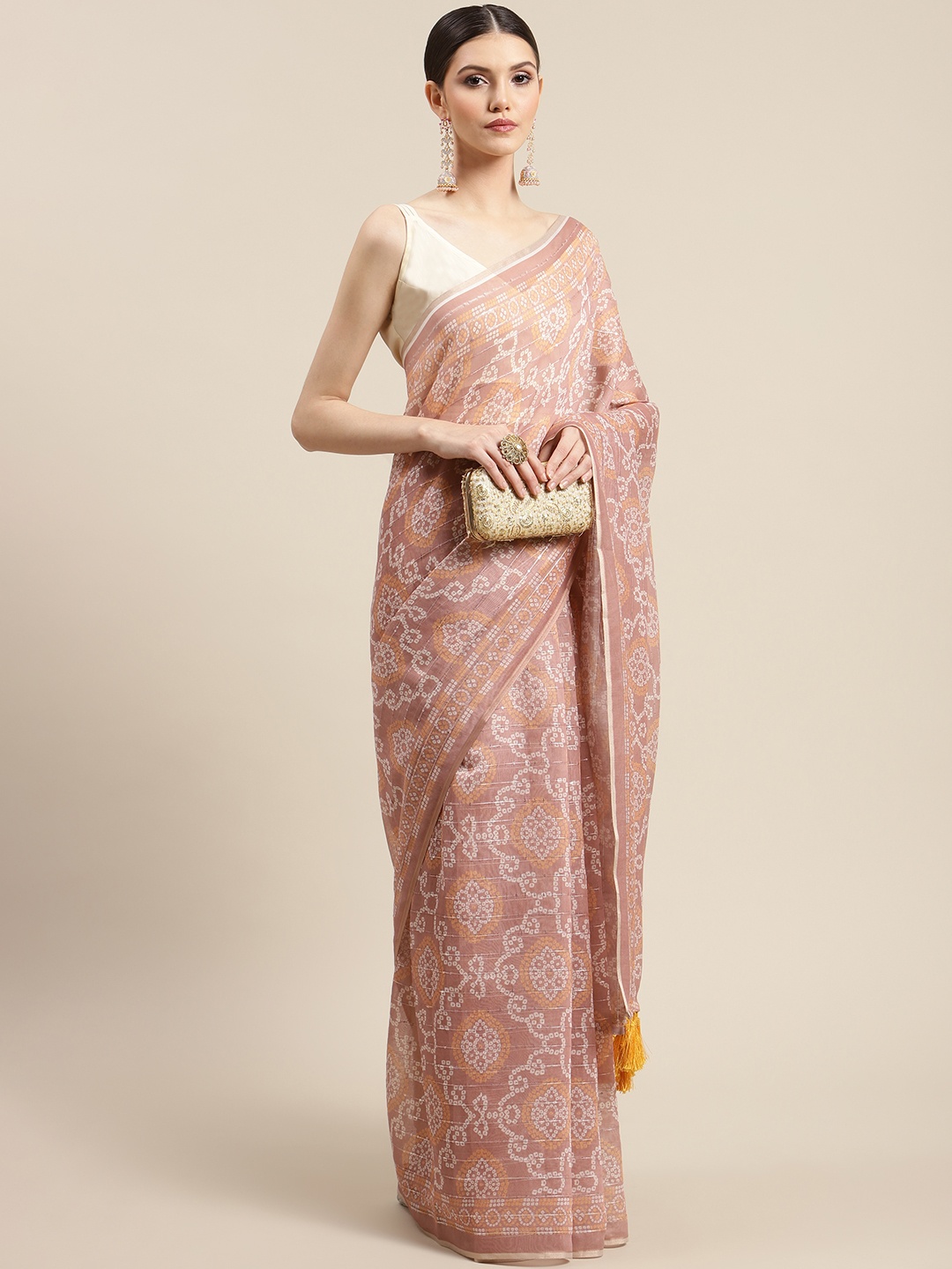

Silk Land Peach-Coloured & White Bandhani Sequinned Saree
