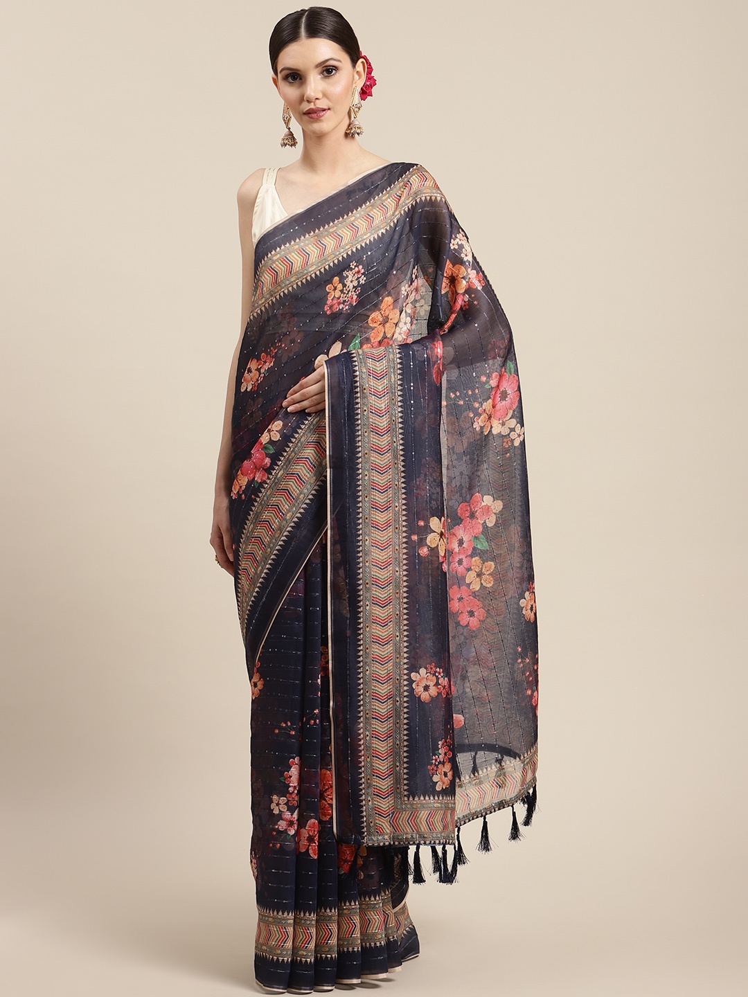 

Silk Land Navy Blue & Peach-Coloured Chanderi Cotton Floral Printed Sequinned Saree