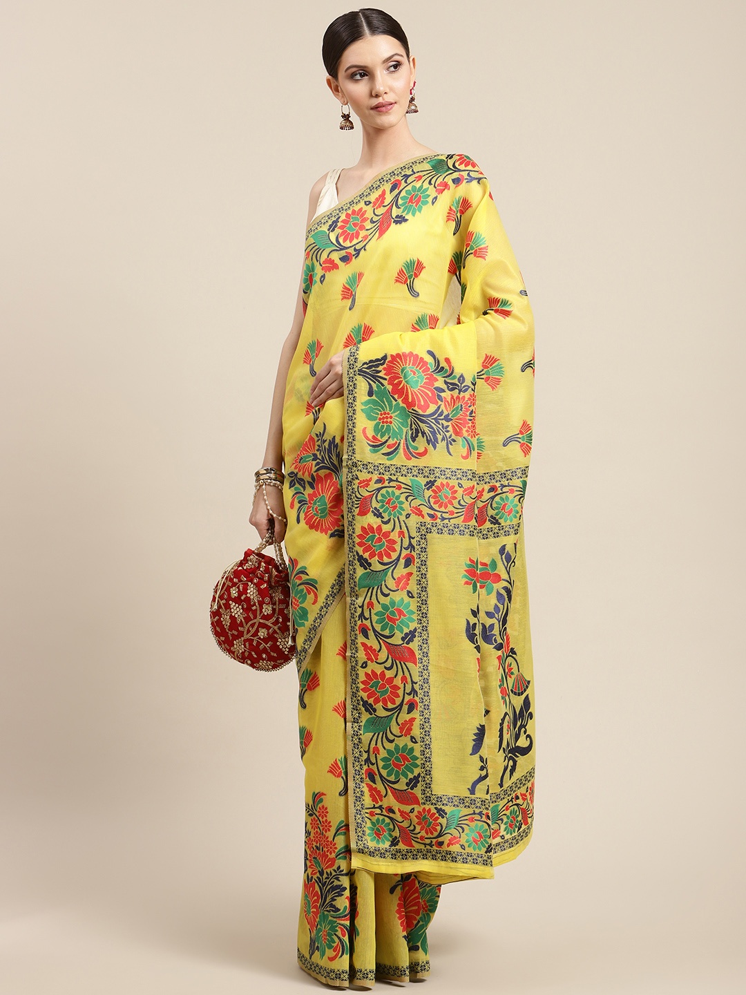 

Silk Land Yellow & Green Floral Woven Design Pure Cotton Jamdani Saree