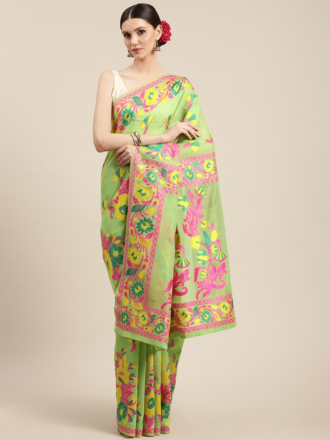 

Silk Land Green Floral Pure Cotton Jamdani Saree