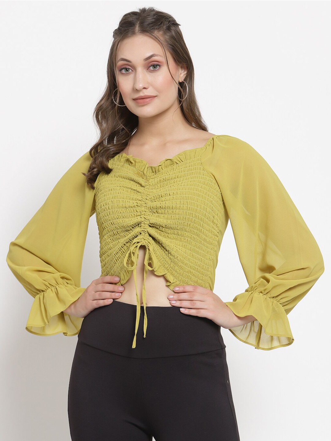 

Gipsy Women Lime Green Solid Georgette Crop Top