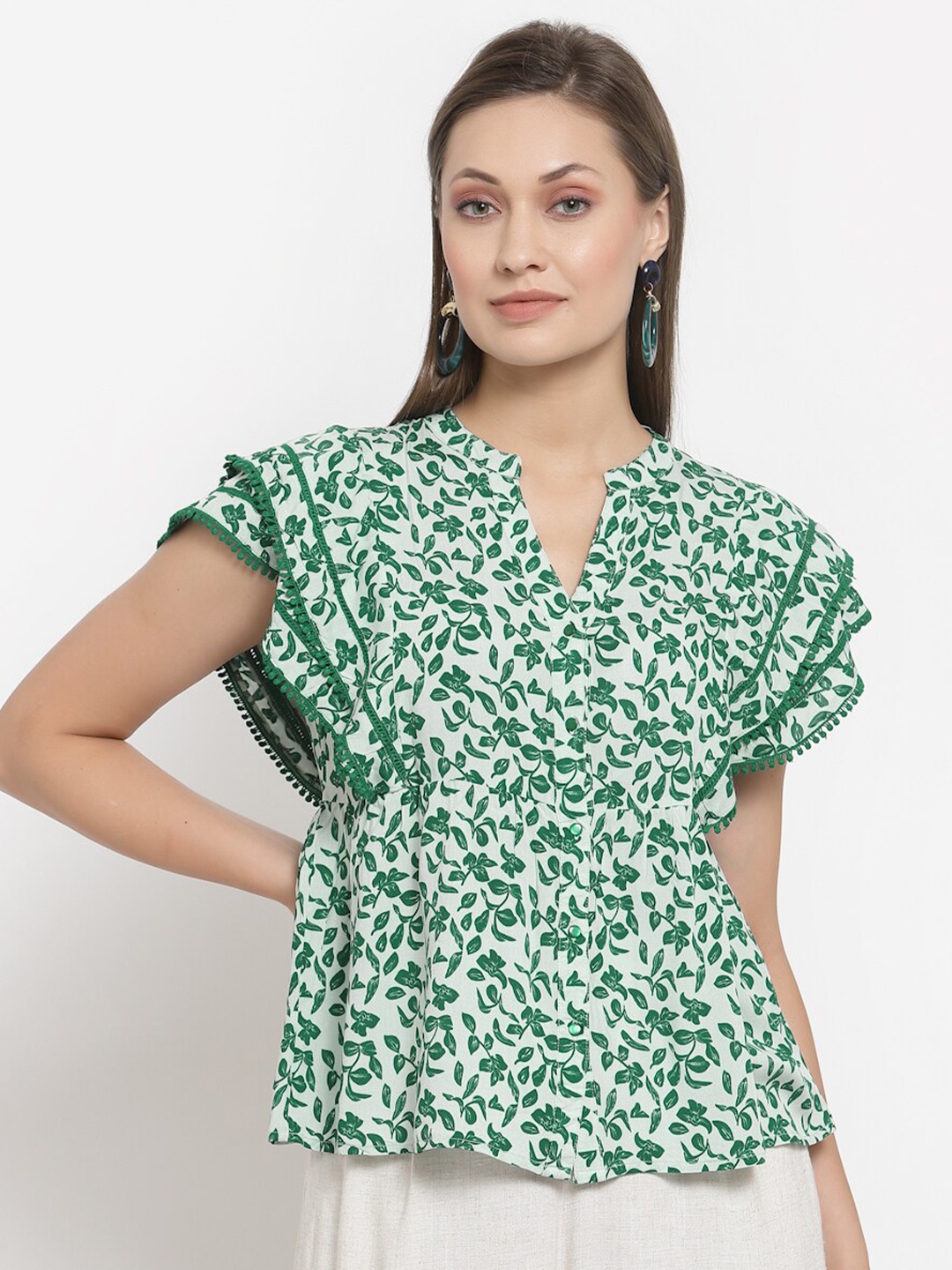

Gipsy Green Floral Print Mandarin Collar Peplum Top