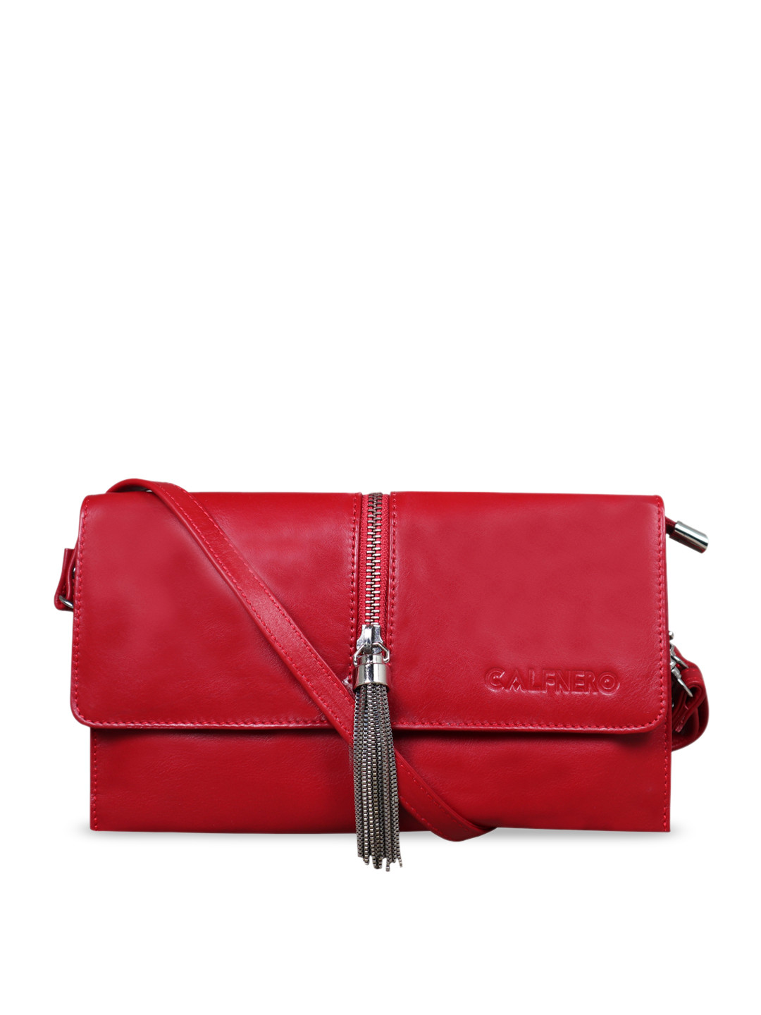 

CALFNERO Red Leather Structured Sling Bag with Tasselled