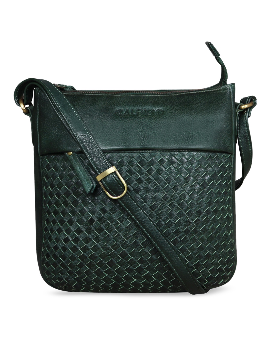

CALFNERO Green Geometric Textured Leather Structured Sling Bag