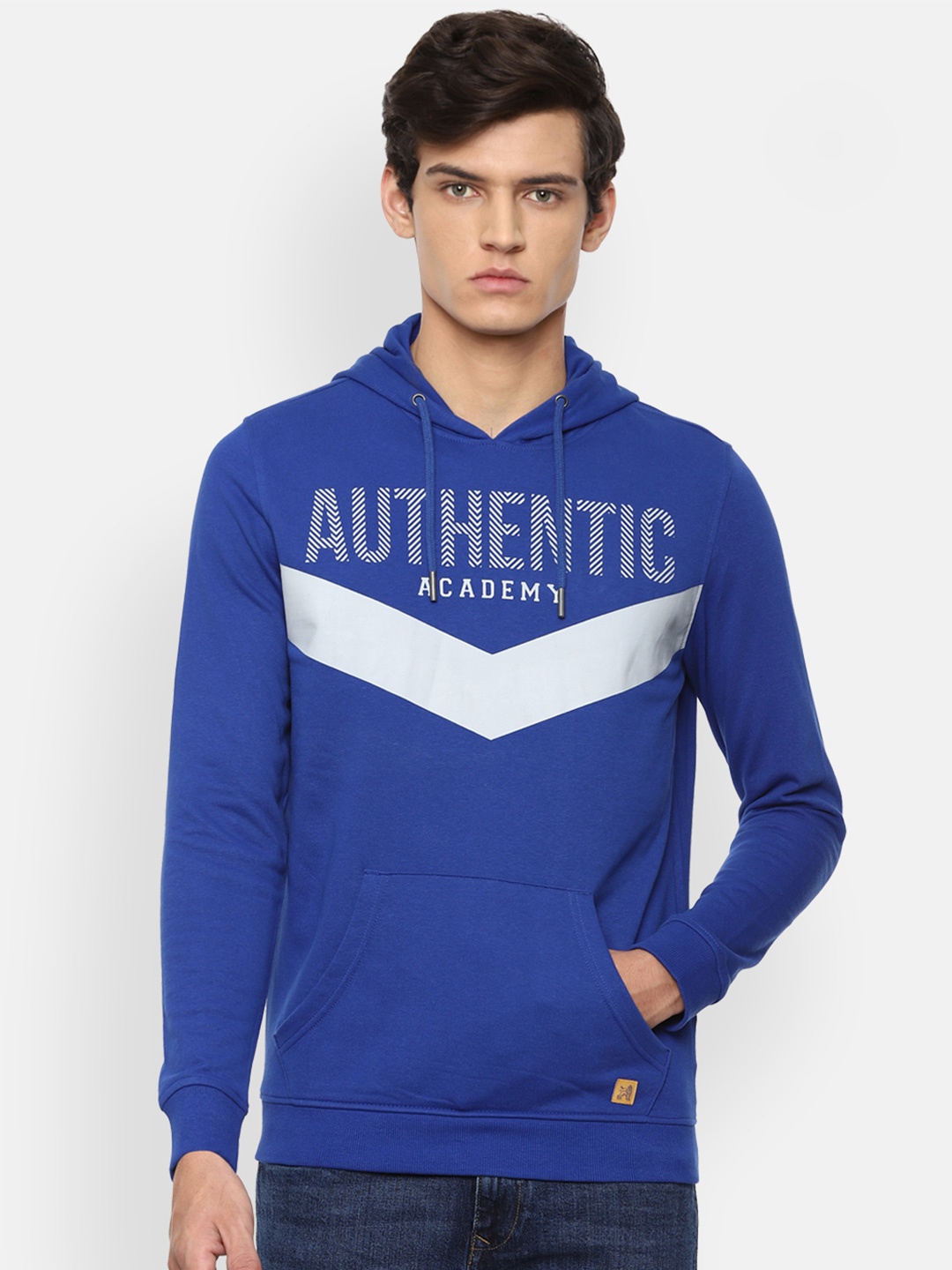 

Van Heusen ACADEMY Men Blue Printed Hooded Sweatshirt