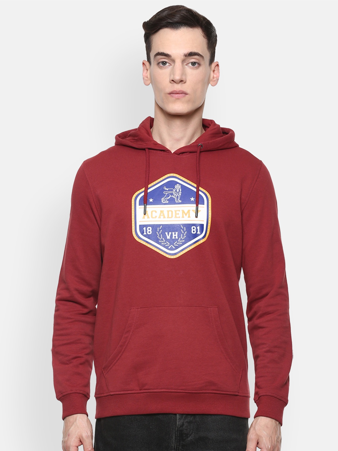 

Van Heusen ACADEMY Men Maroon Printed Hooded Sweatshirt