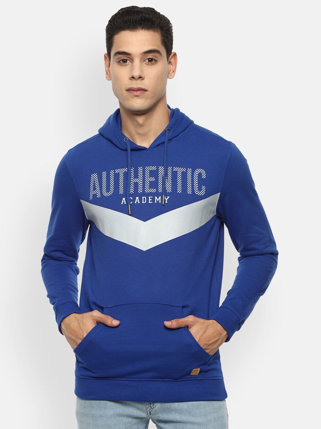 

Van Heusen ACADEMY Men Blue Colourblocked Hooded Sweatshirt