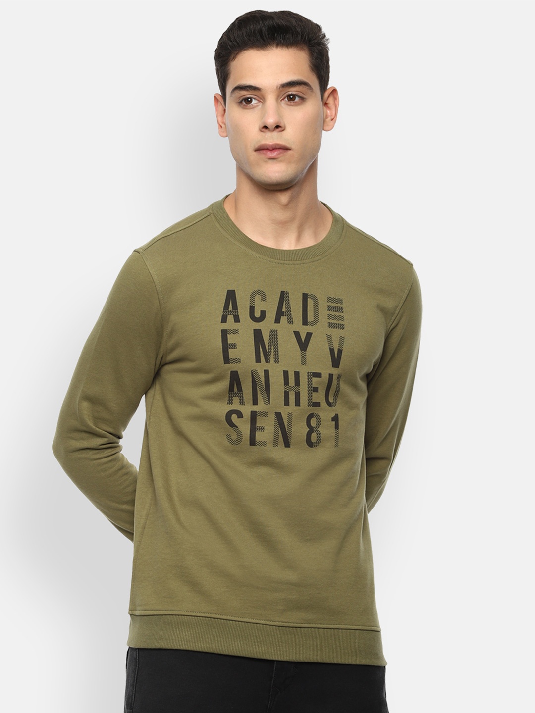 

Van Heusen ACADEMY Men Olive Green Printed Sweatshirt