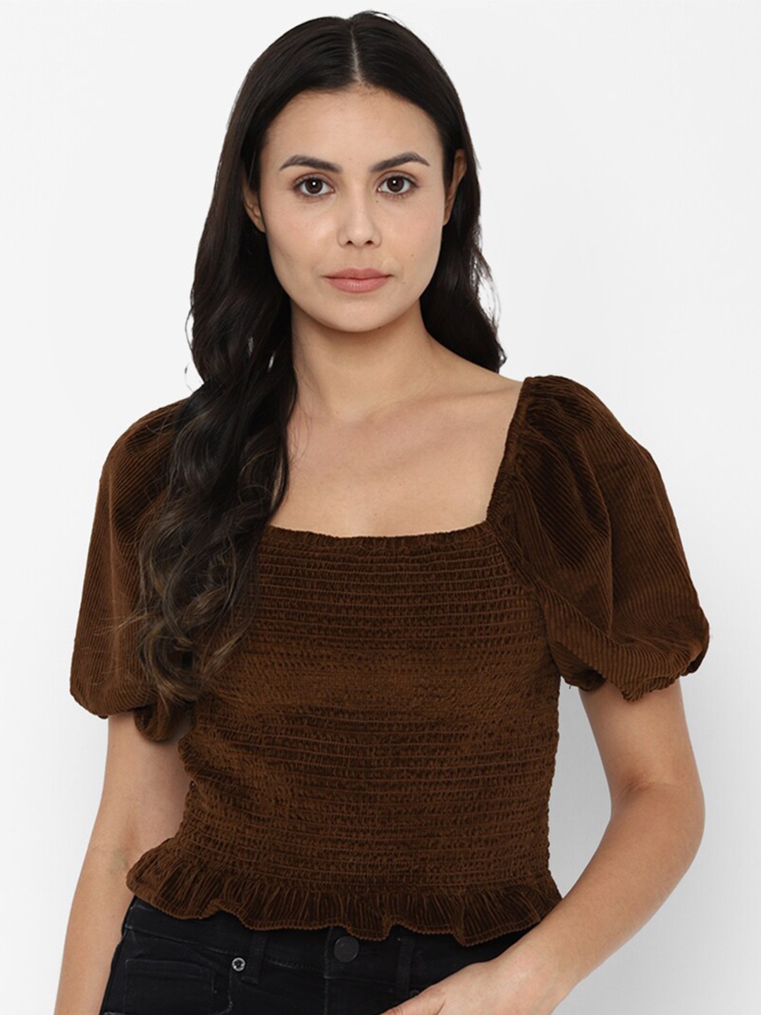 

AMERICAN EAGLE OUTFITTERS Brown Smocking Pure Cotton Crop Top