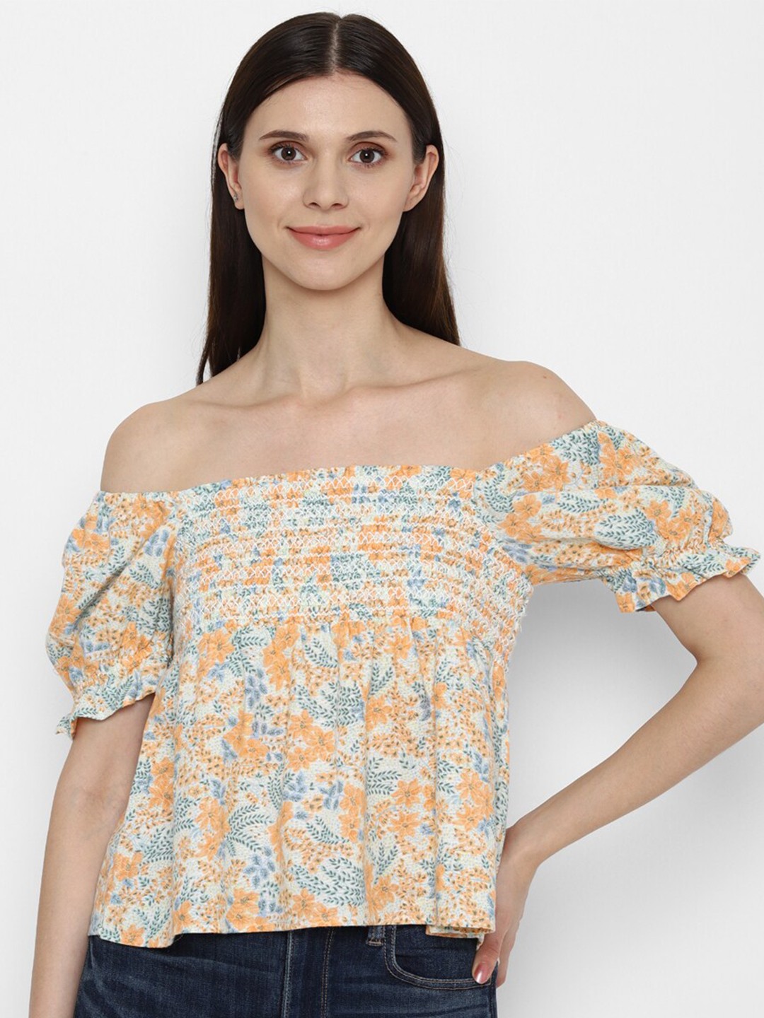 

AMERICAN EAGLE OUTFITTERS Orange Floral Print Off-Shoulder Bardot Top