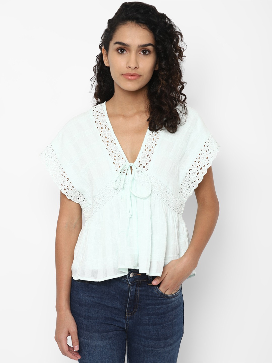 

AMERICAN EAGLE OUTFITTERS Green Tie-Up Neck Pure Cotton Peplum Top