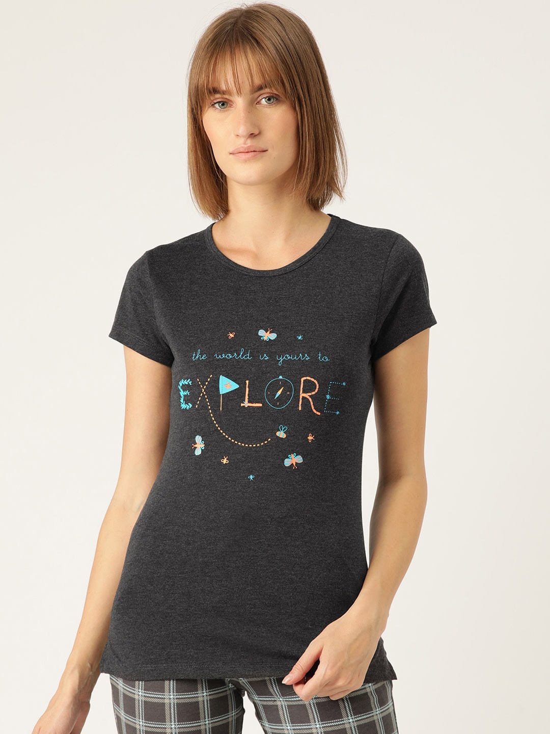 

Sweet Dreams Women Charcoal Grey Printed Lounge Tshirts