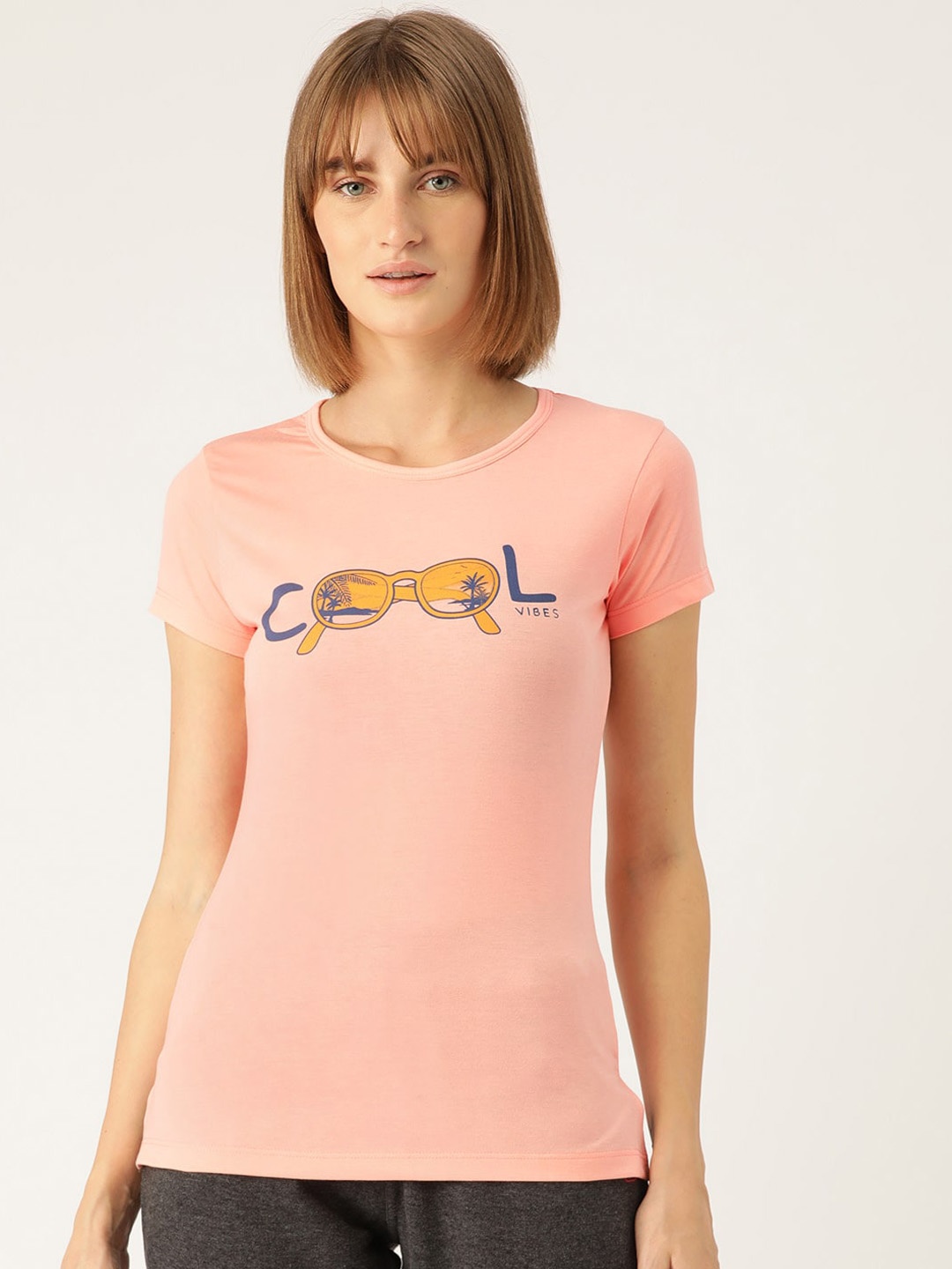

Sweet Dreams Women Pink & Yellow Printed Cotton Lounge Tshirts