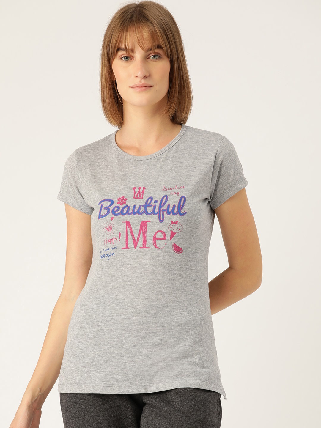 

Sweet Dreams Women Grey Melange Printed Cotton Lounge T-shirts