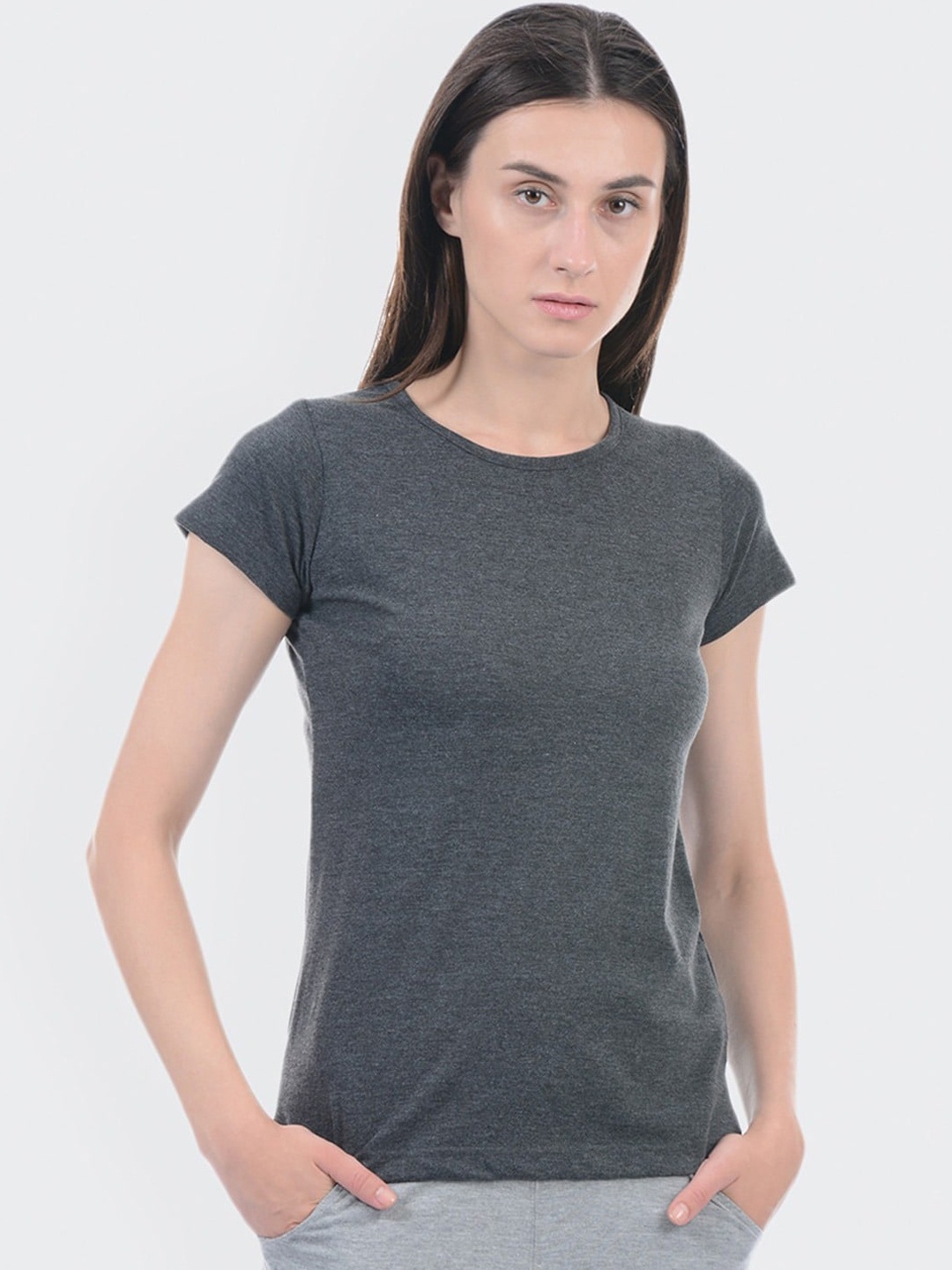 

Sweet Dreams Women Charcoal Melange Women Solid Cotton Lounge T-Shirts