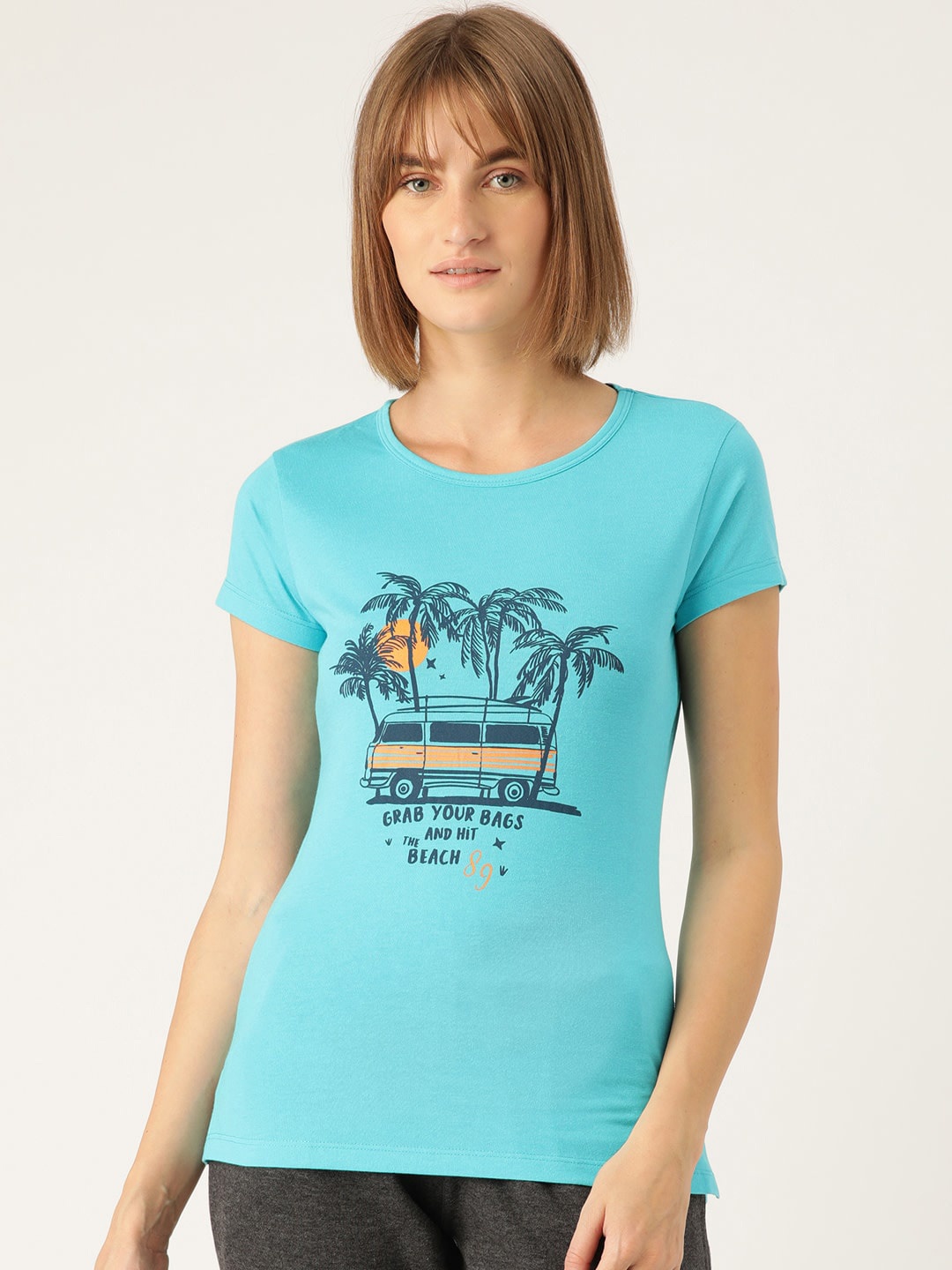 

Sweet Dreams Women Blue & Yellow Printed Cotton Lounge T-shirt