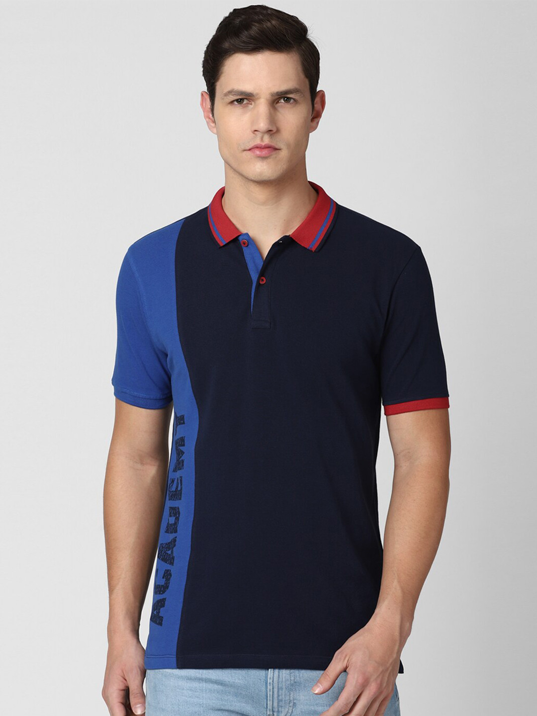 

Van Heusen ACADEMY Men Navy Blue & Black Colourblocked Pure Cotton Polo Collar T-shirt