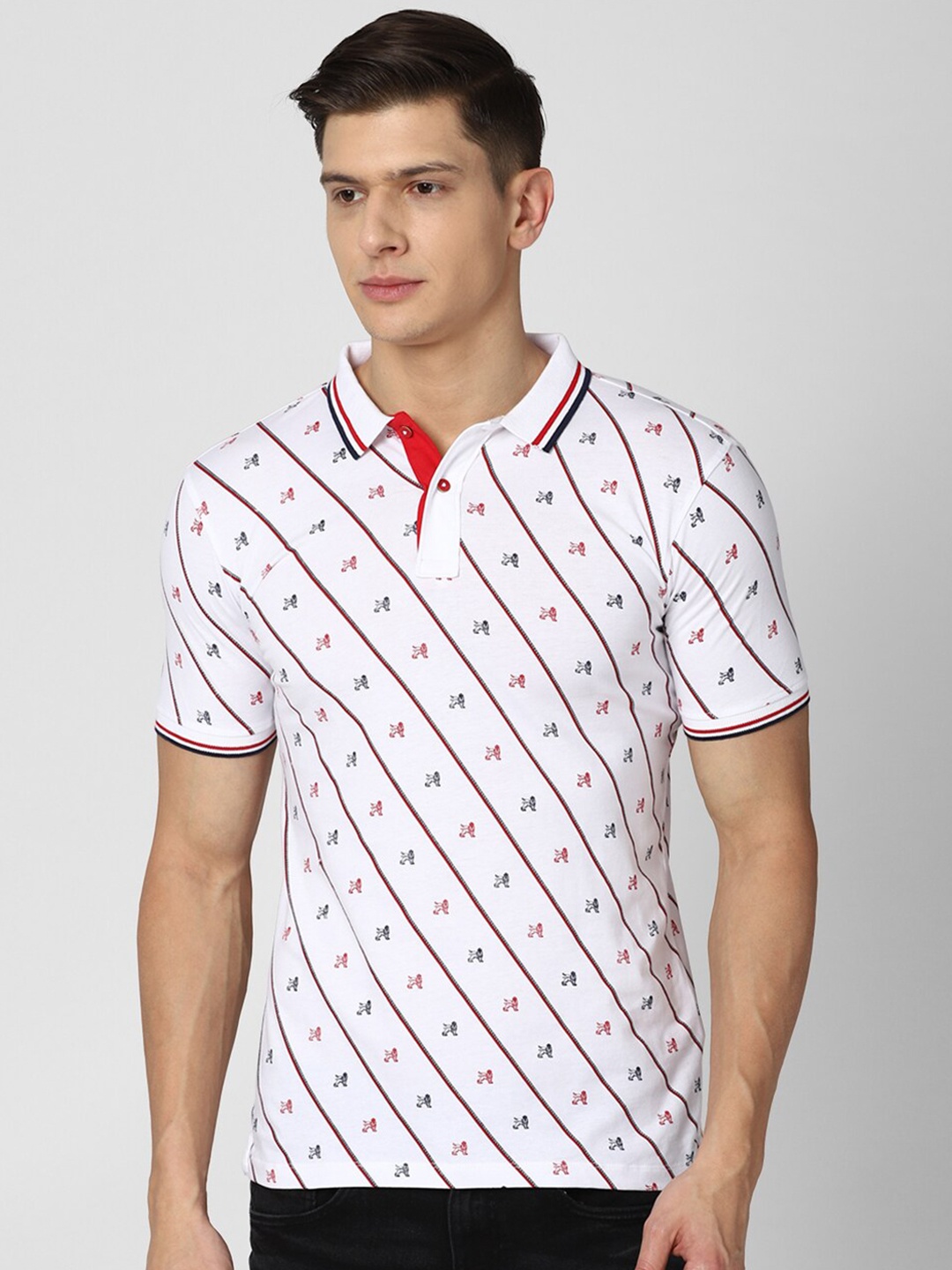 

Van Heusen ACADEMY Men White Printed Pure Cotton Polo Collar T-shirt