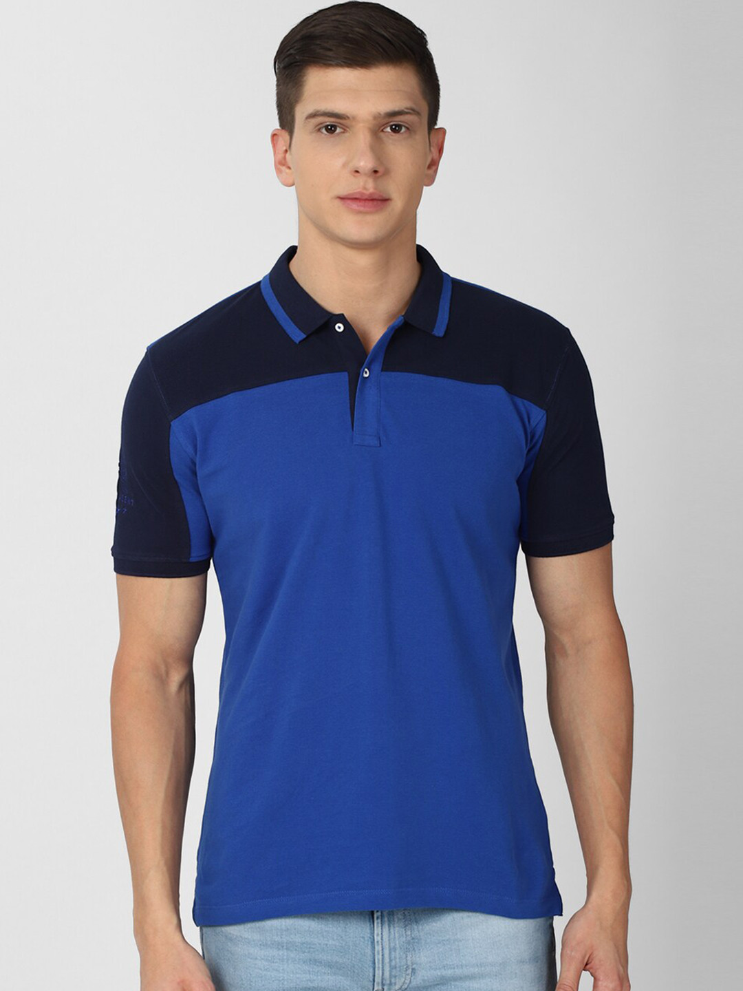 

Van Heusen ACADEMY Men Blue Colourblocked Pure Cotton Polo Collar T-shirt