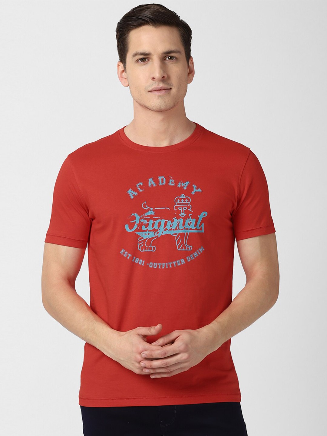 

Van Heusen ACADEMY Men Red Typography Pure Cotton Printed T-shirt
