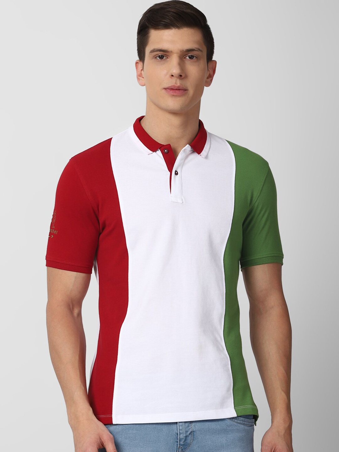 

Van Heusen ACADEMY Men Red & White Colourblocked Pure Cotton Polo Collar T-shirt