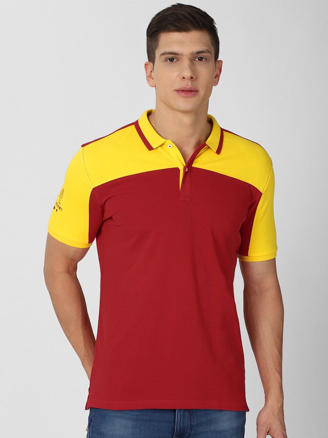 

Van Heusen ACADEMY Men Red & Yellow Colourblocked Pure Cotton Polo Collar T-shirt