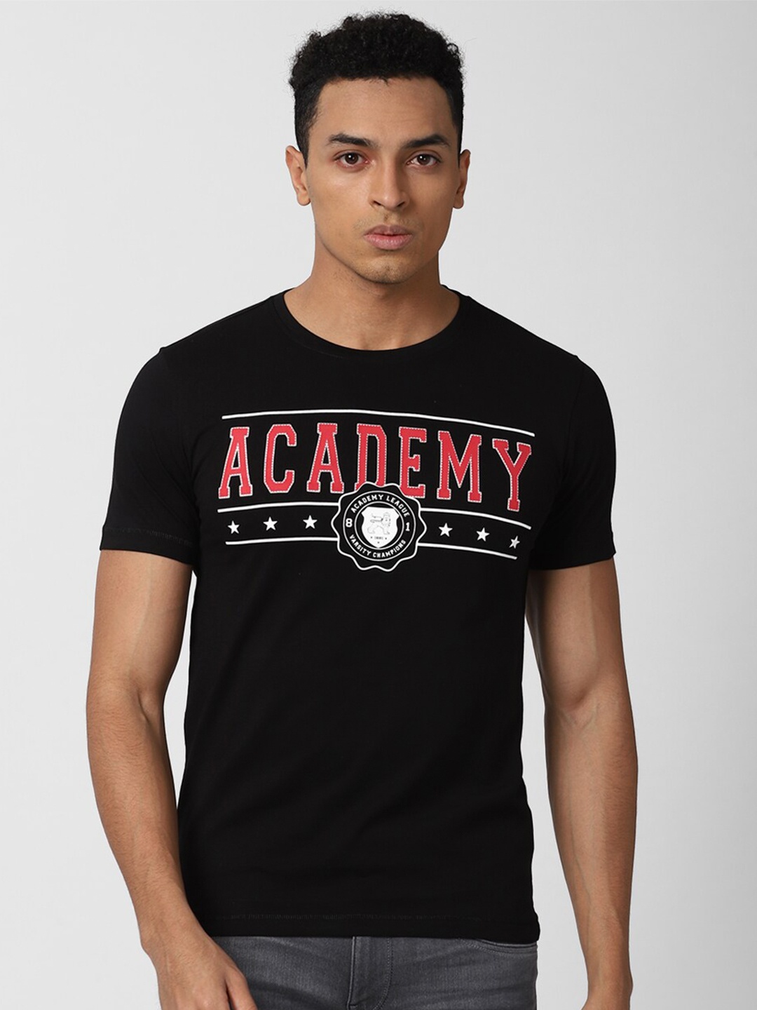 

Van Heusen ACADEMY Men Black Typography Pure Cotton Printed T-shirt