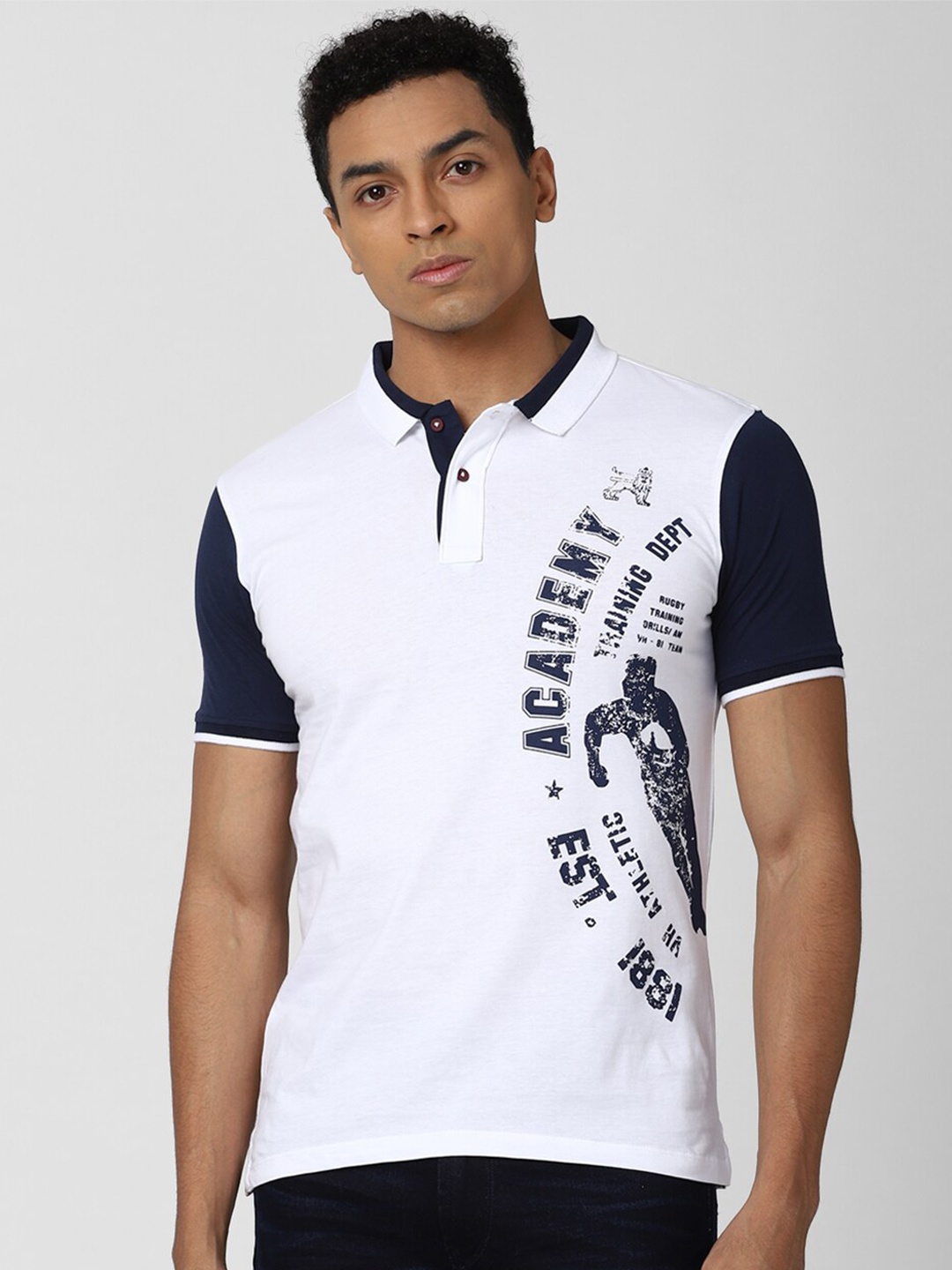 

Van Heusen ACADEMY Men White & Navy Blue Printed Pure Cotton Polo Collar T-shirt