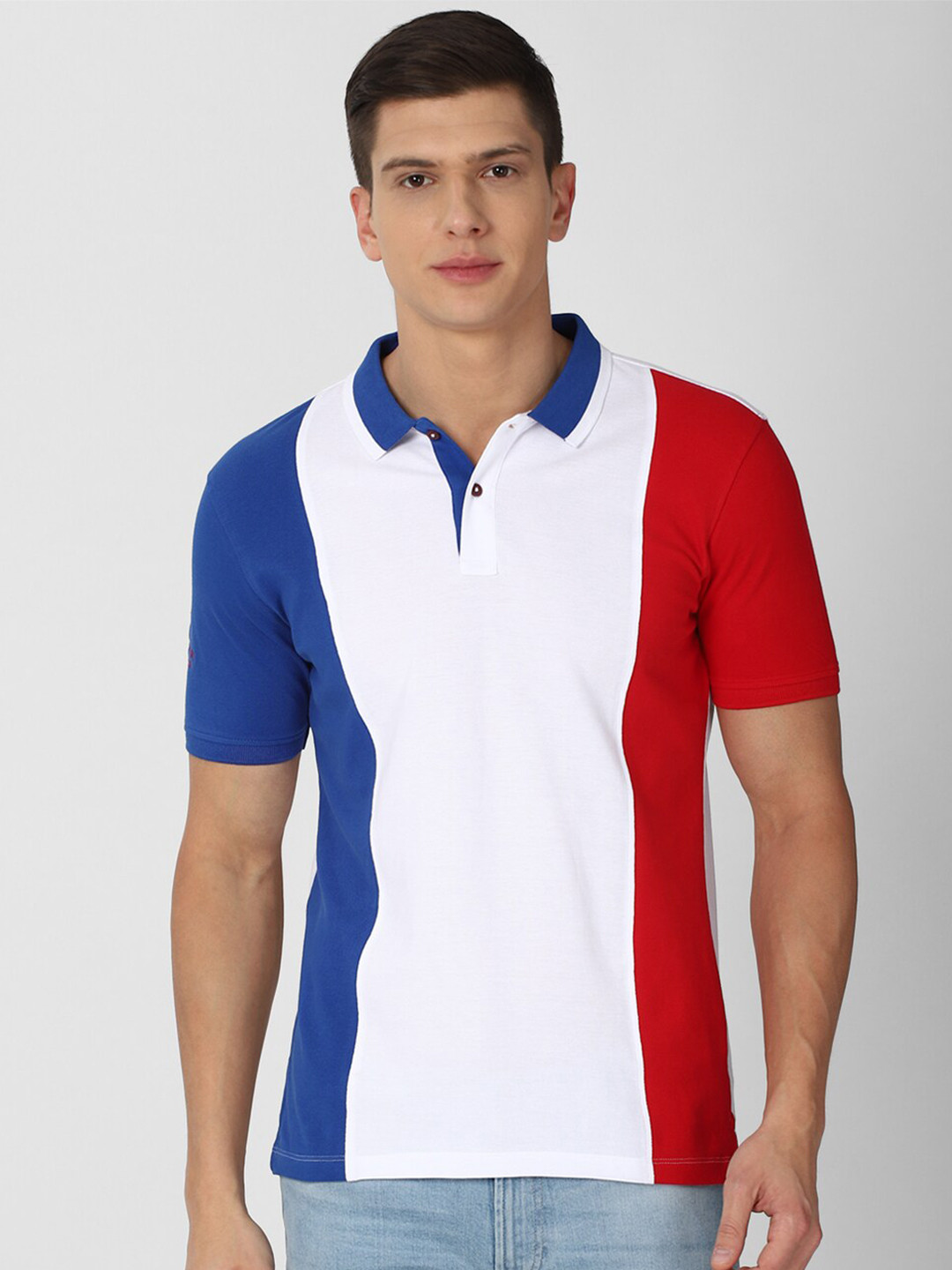 

Van Heusen ACADEMY Men White & Blue Colourblocked Pure Cotton Polo Collar T-shirt