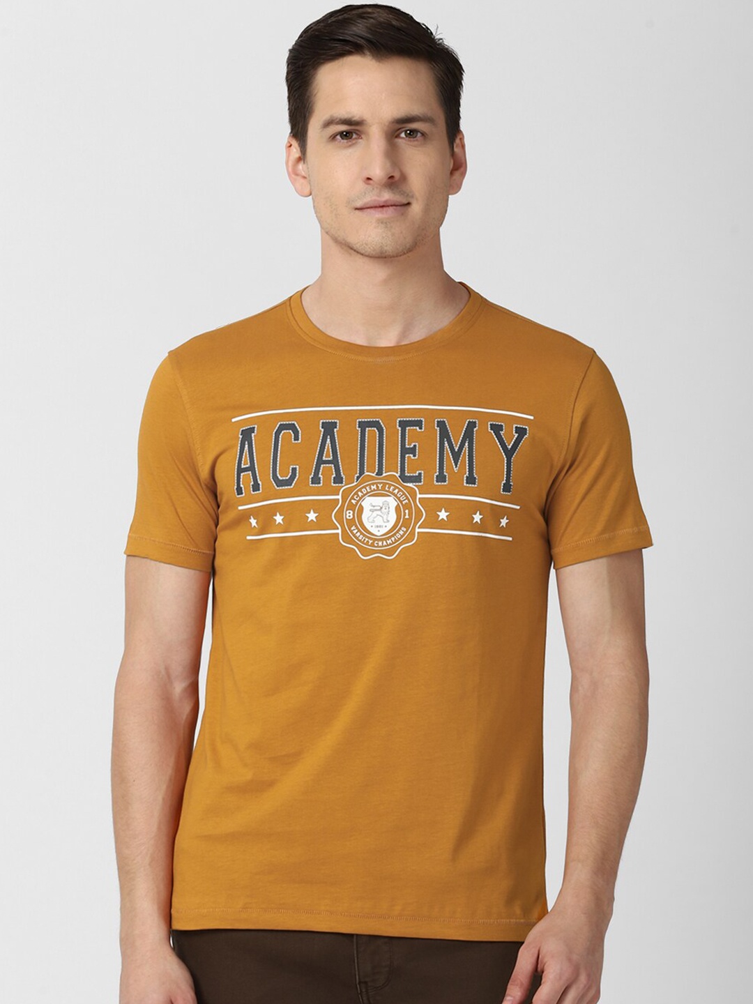 

Van Heusen ACADEMY Men Yellow Typography Printed Pure Cotton T-shirt