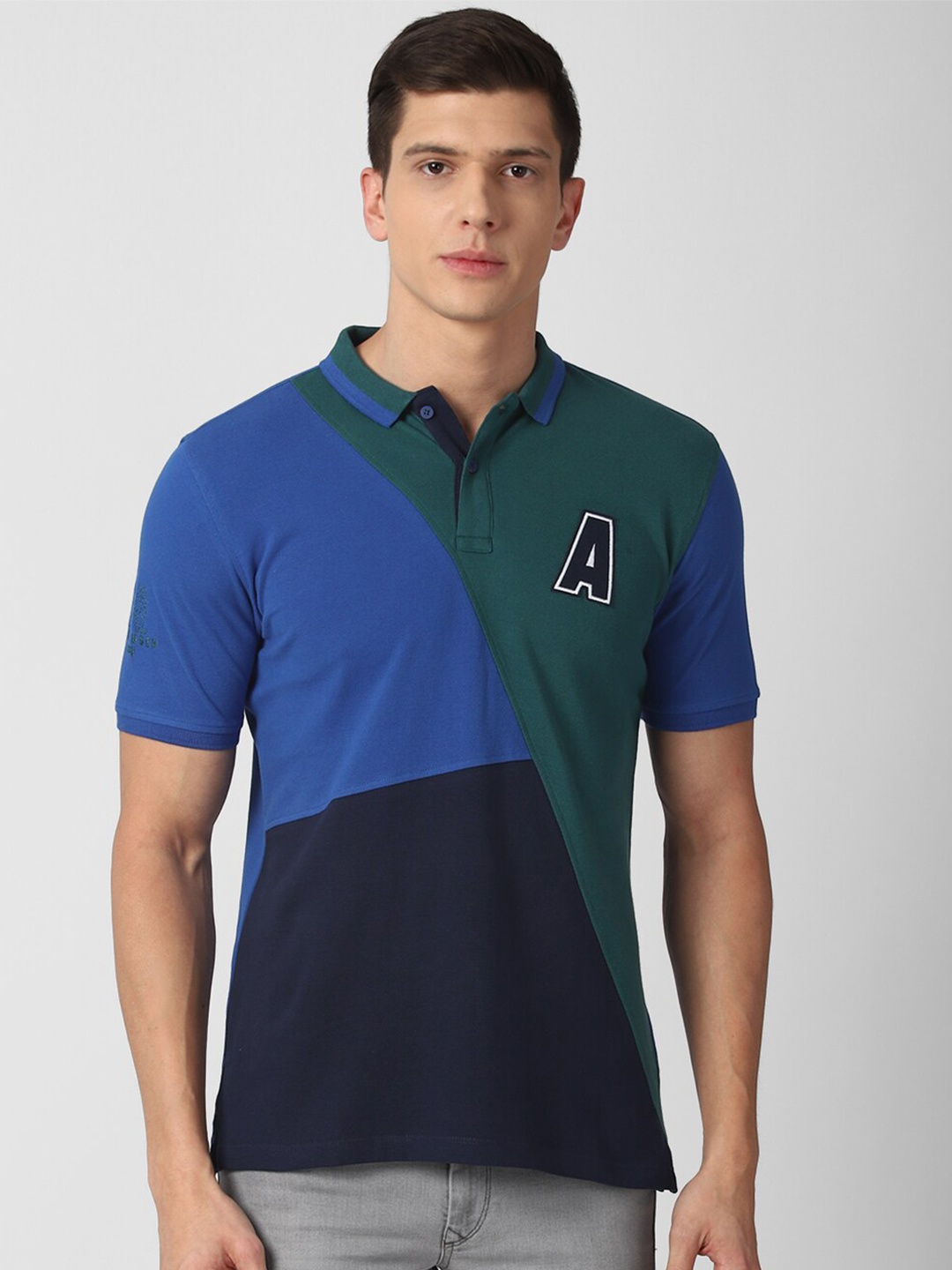 

Van Heusen ACADEMY Men Blue & Green Colourblocked Pure Cotton Polo Collar T-shirt