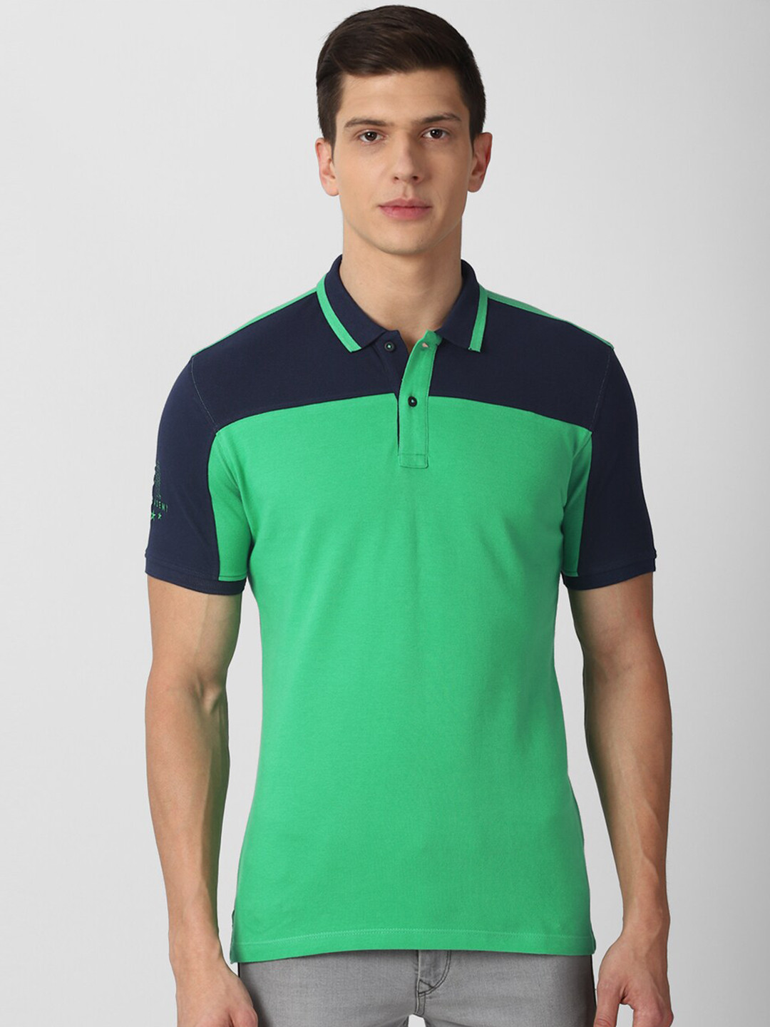 

Van Heusen ACADEMY Men Green & Navy Blue Colourblocked Pure Cotton Polo Collar T-shirt