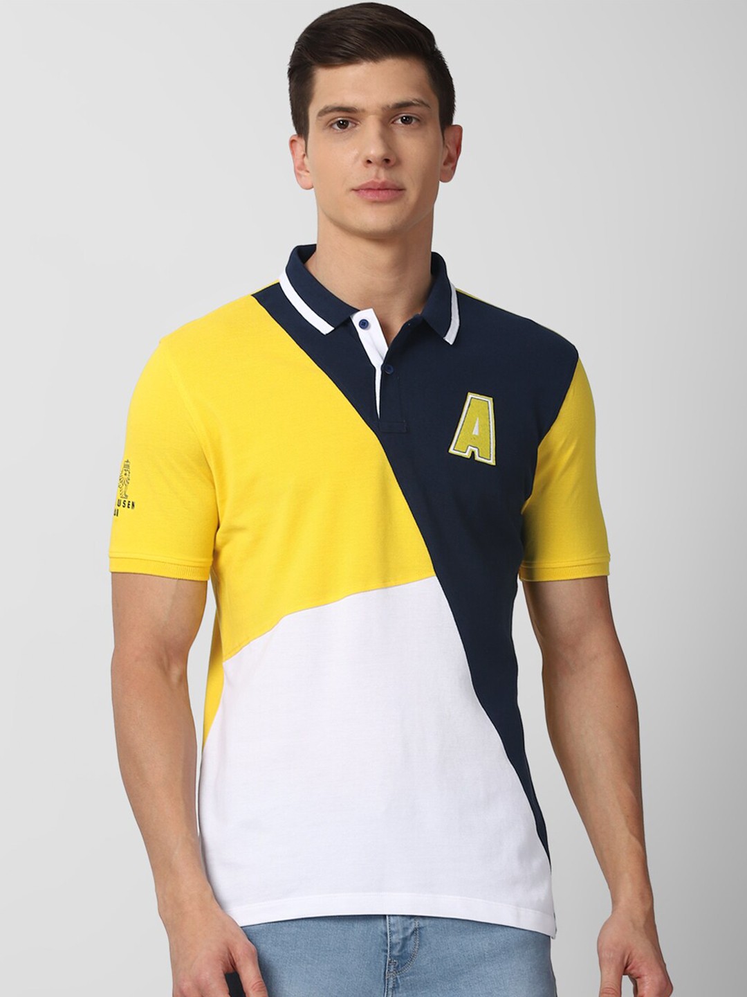 

Van Heusen ACADEMY Men Yellow & Blue Colourblocked Polo Collar T-shirt