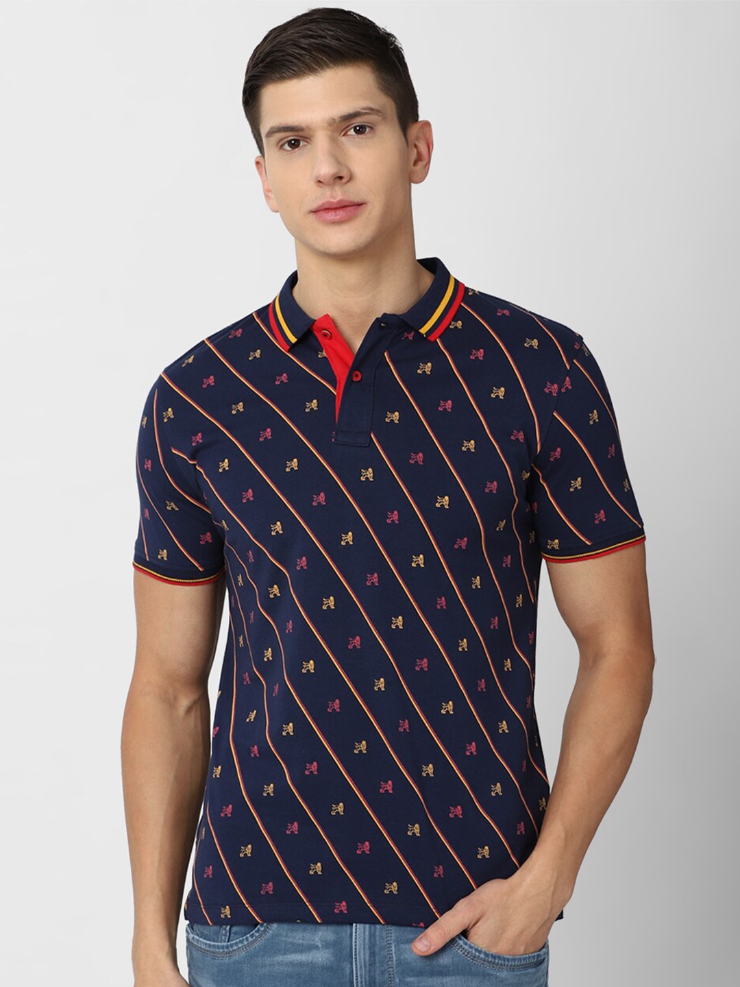 

Van Heusen ACADEMY Men Navy Blue Printed Pure Cotton Polo Collar T-shirt
