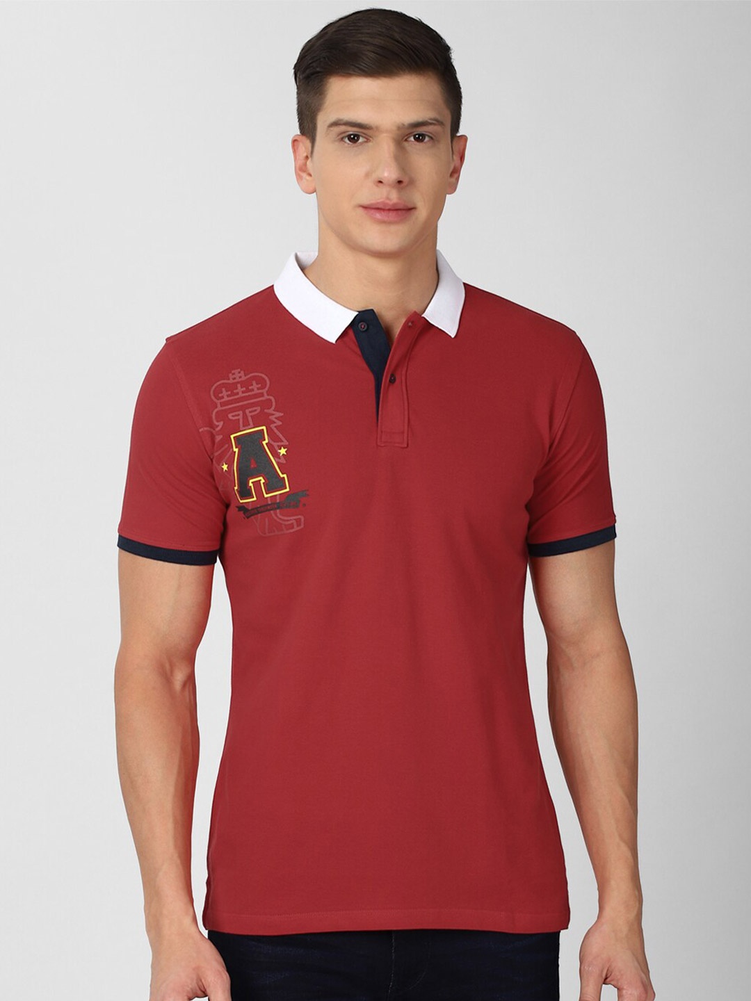 

Van Heusen ACADEMY Men Maroon Typography Polo Collar Applique T-shirt