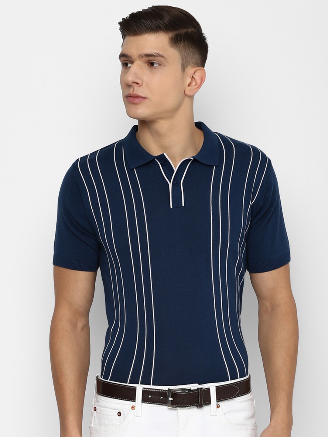 

Louis Philippe Sport Men Navy Blue Striped Polo Collar T-shirt