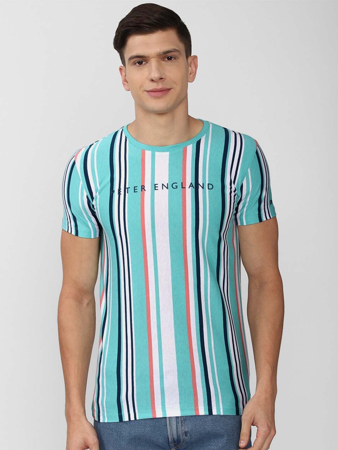 

Peter England Casuals Men Multicoloured Striped Extended Sleeves Slim Fit T-shirt, Multi