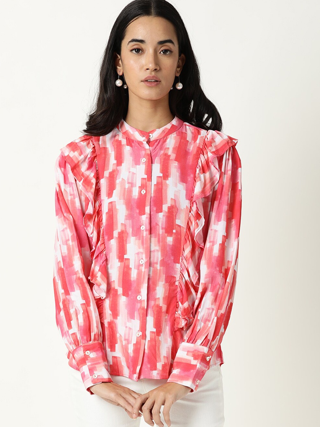 

RAREISM Pink Tie and Dye Print Mandarin Collar Shirt Style Top
