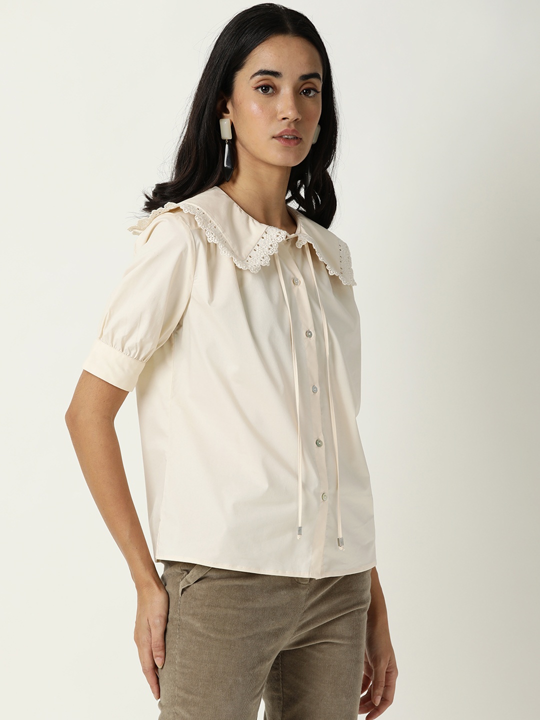 

RAREISM Beige Peter Pan Collar Shirt Style Top