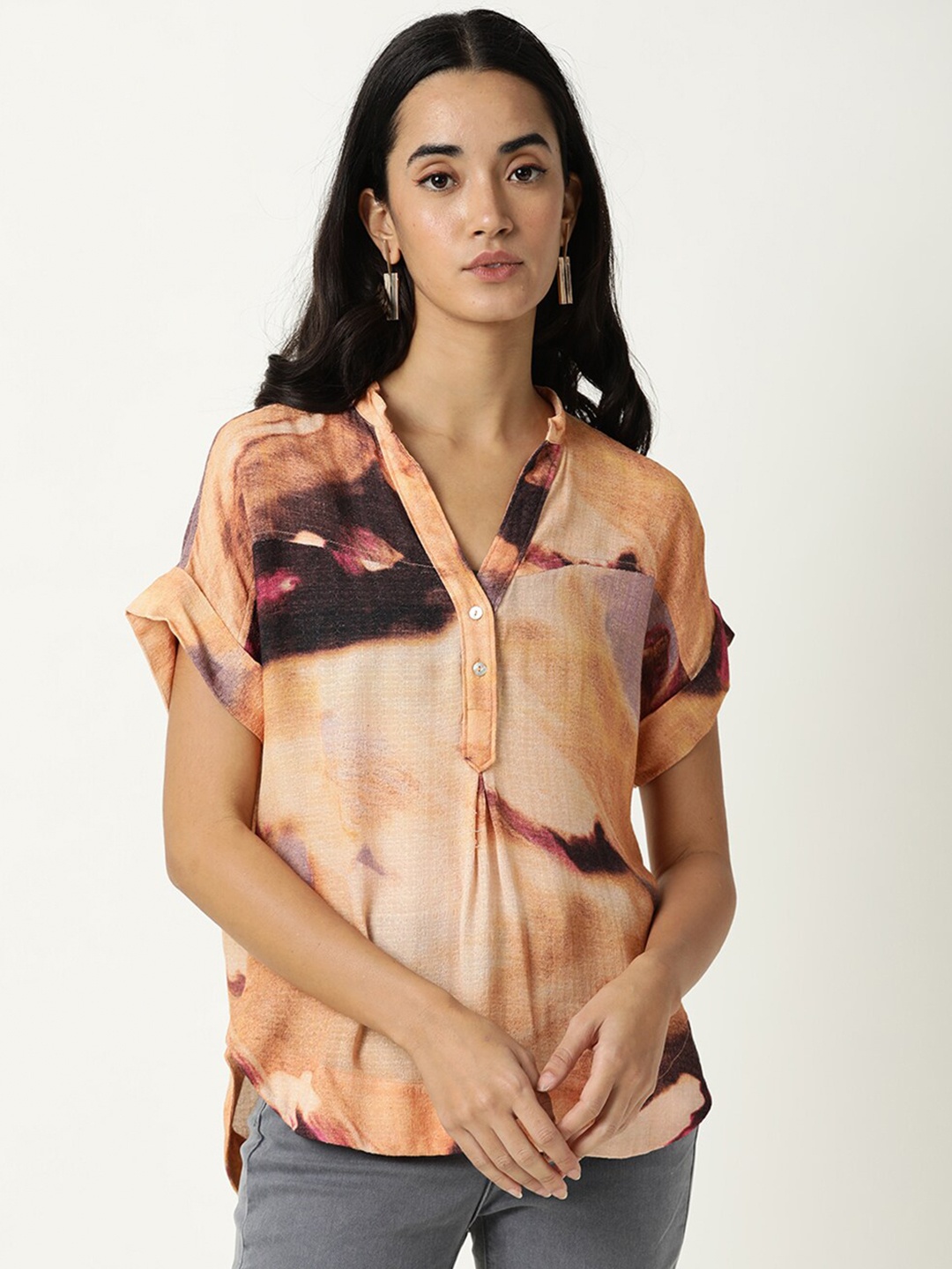 

RAREISM Orange Floral Print Extended Sleeves Top