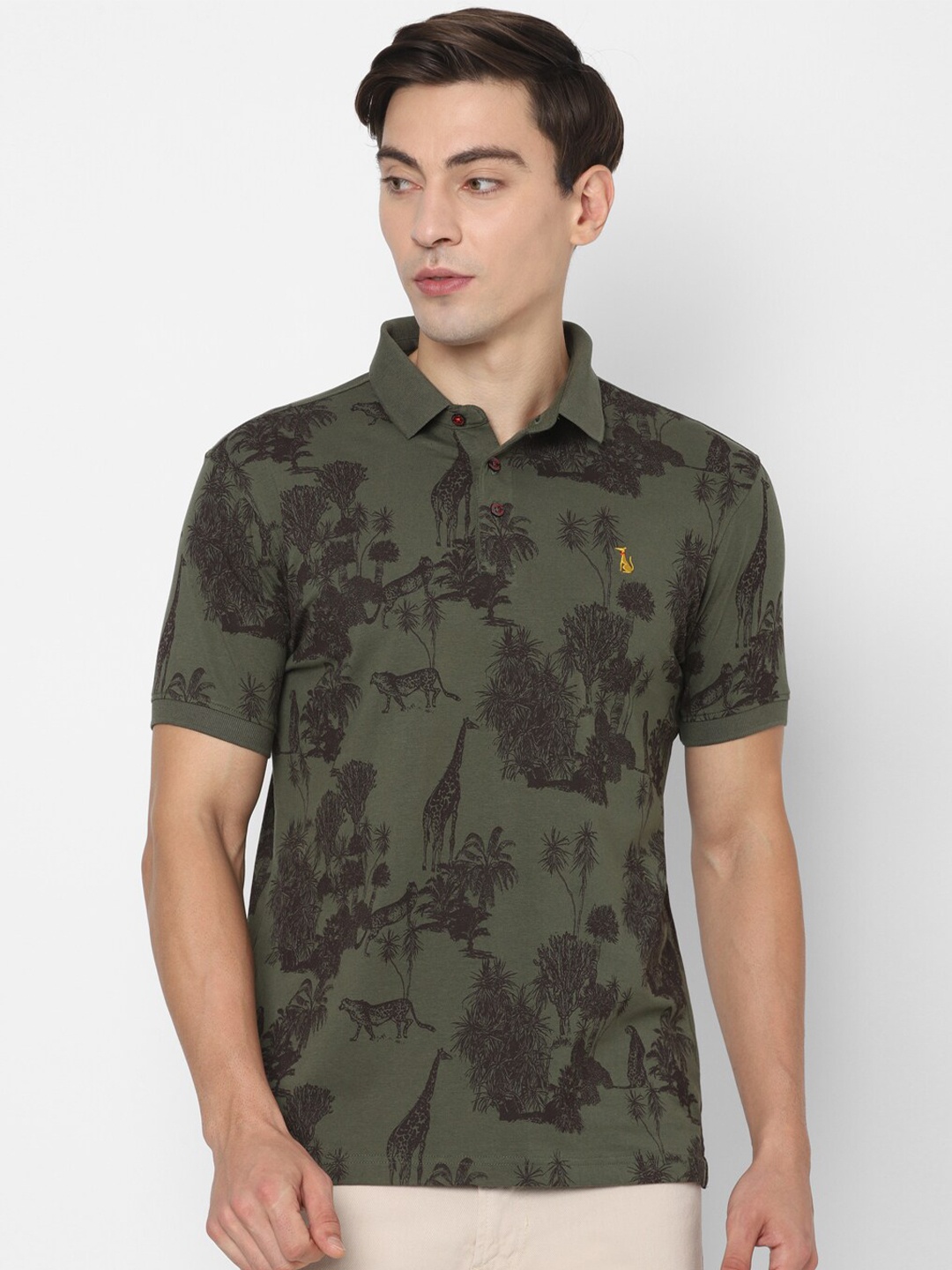 

SIMON CARTER LONDON Men Olive Green Floral Printed Polo Collar Applique Slim Fit T-shirt