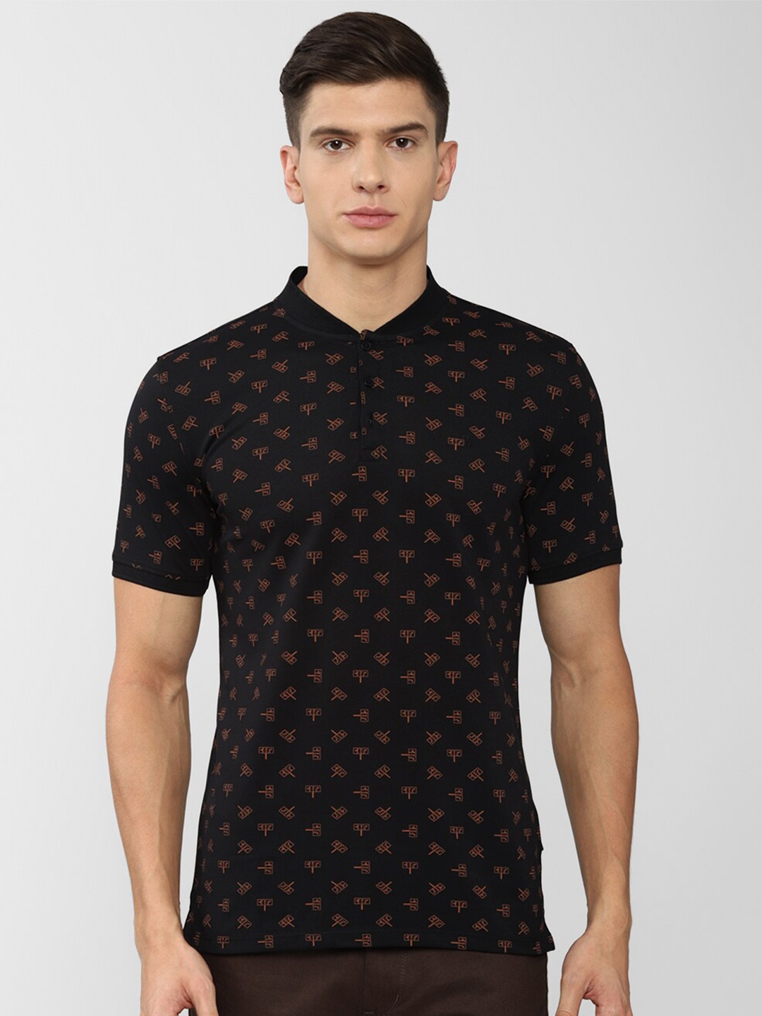 

V Dot Men Black Printed Mandarin Collar Slim Fit T-shirt