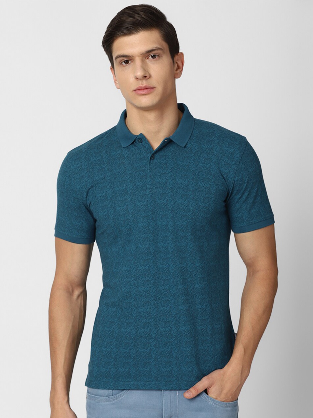 

V Dot Men Blue Checked Polo Collar Slim Fit T-shirt