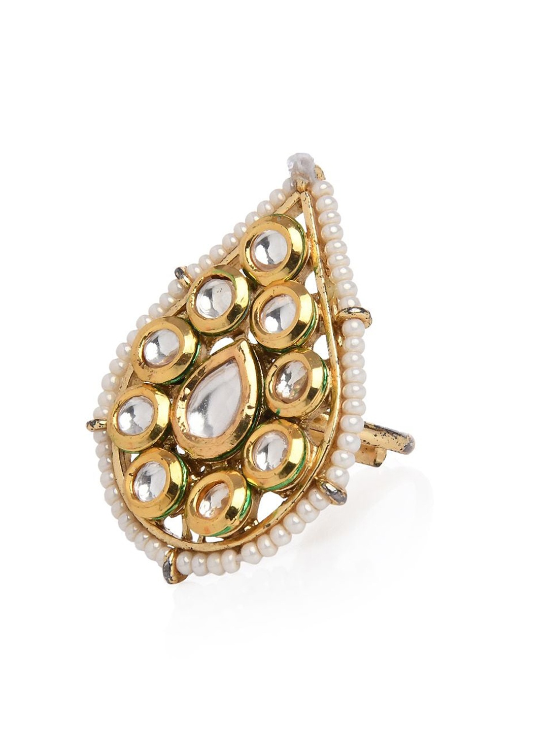 

Bamboo Tree Jewels Gold-Plated White Kundan-Studded Pearl Beaded Adjustable Finger Ring