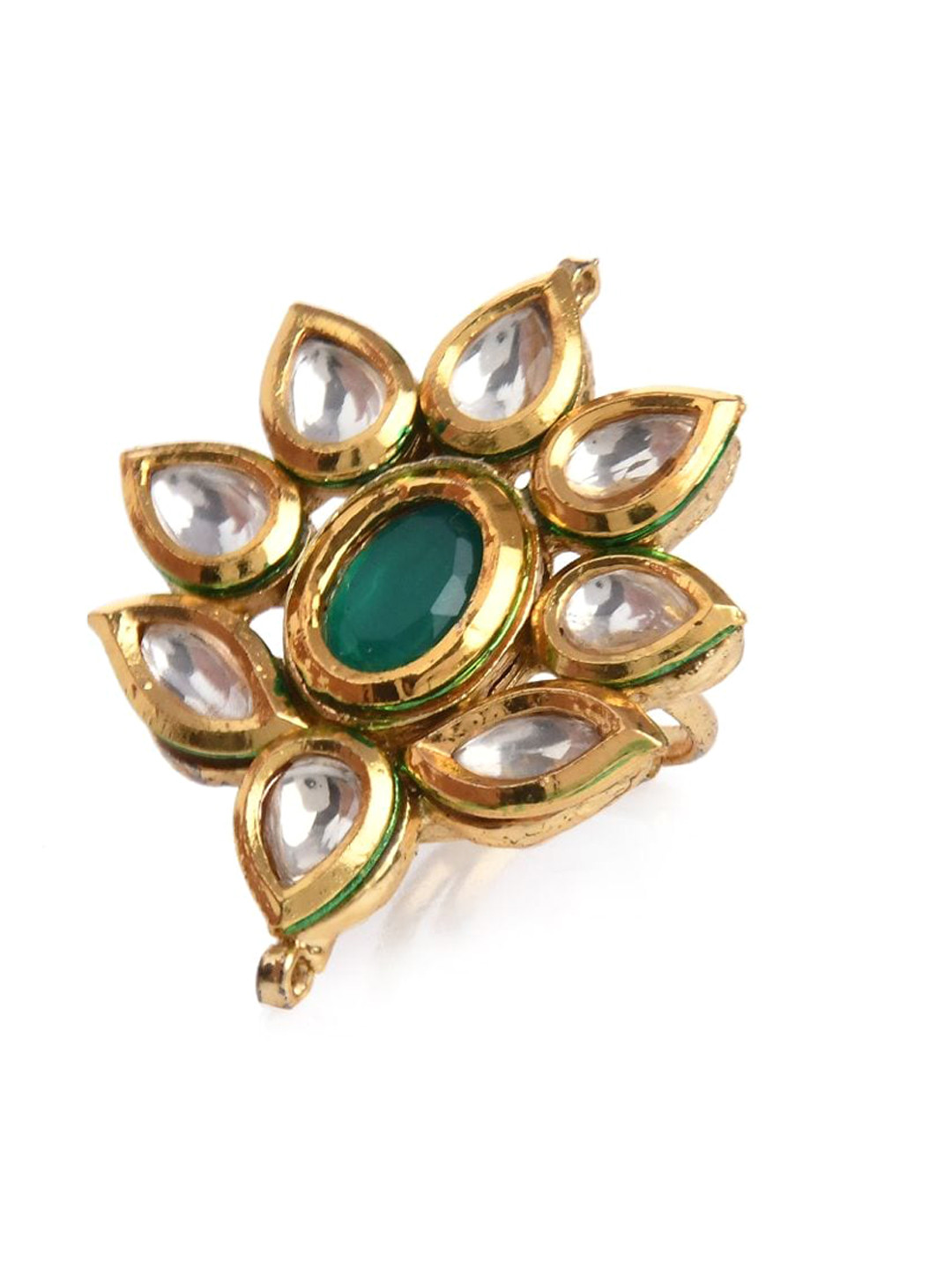 

Bamboo Tree Jewels Gold-Plated White Kundan Studded & Green Pearl Beaded Ring