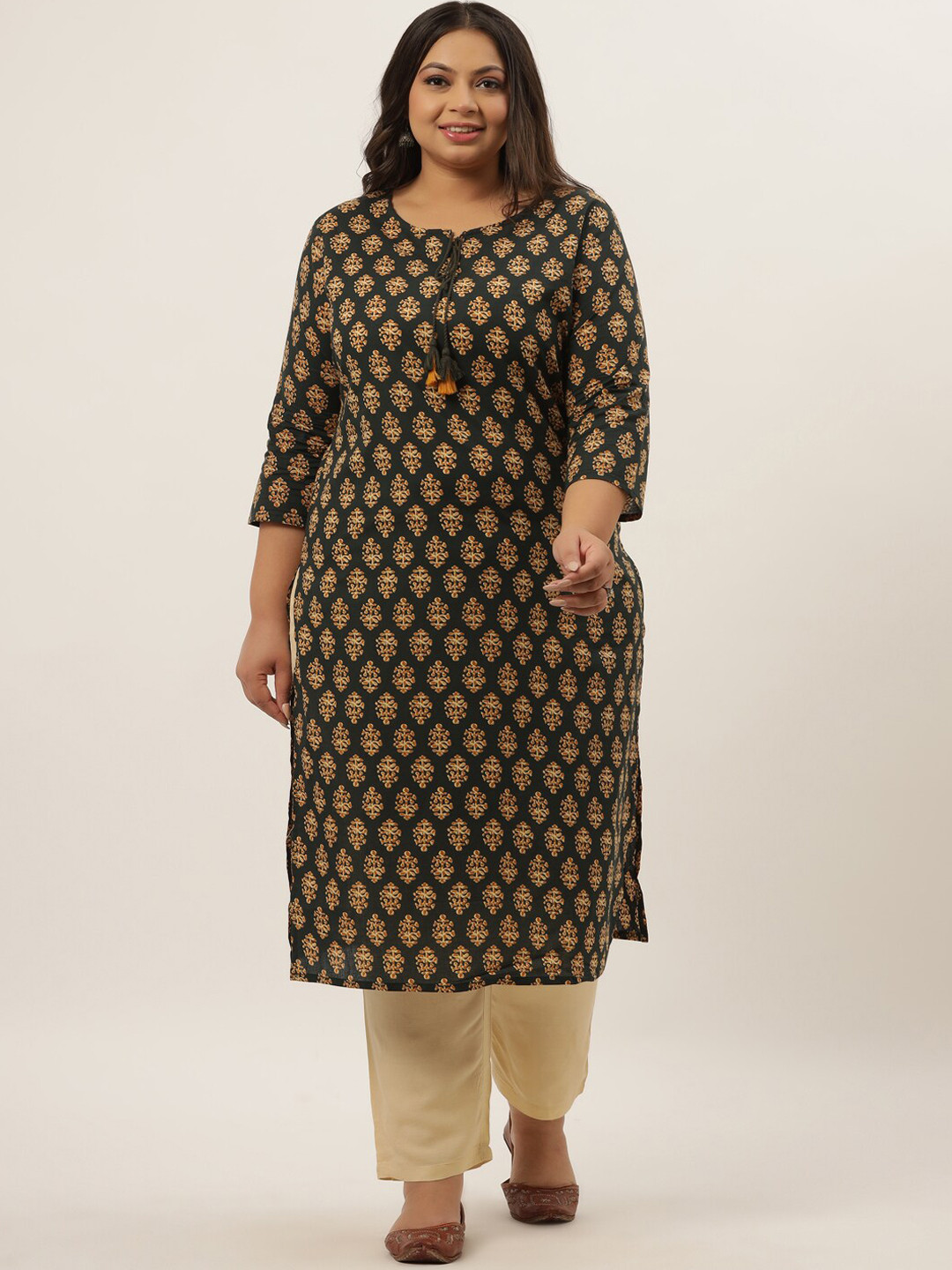 

Yufta Women Green Ethnic Motifs Printed Layered Pure Cotton Kurta with Salwar