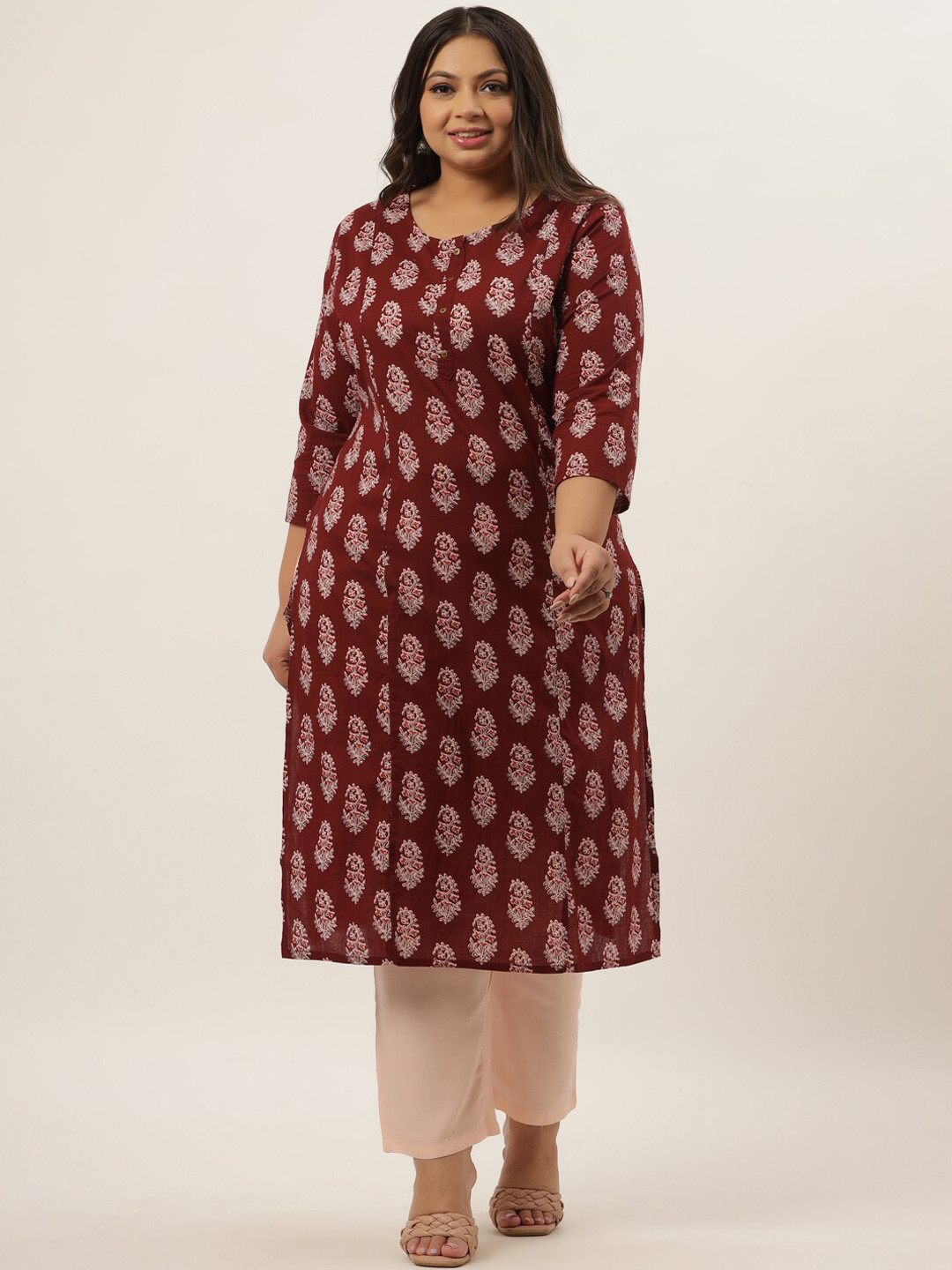 

Yufta Women Maroon Ethnic Motifs Printed Empire Pure Cotton Kurta with Trousers