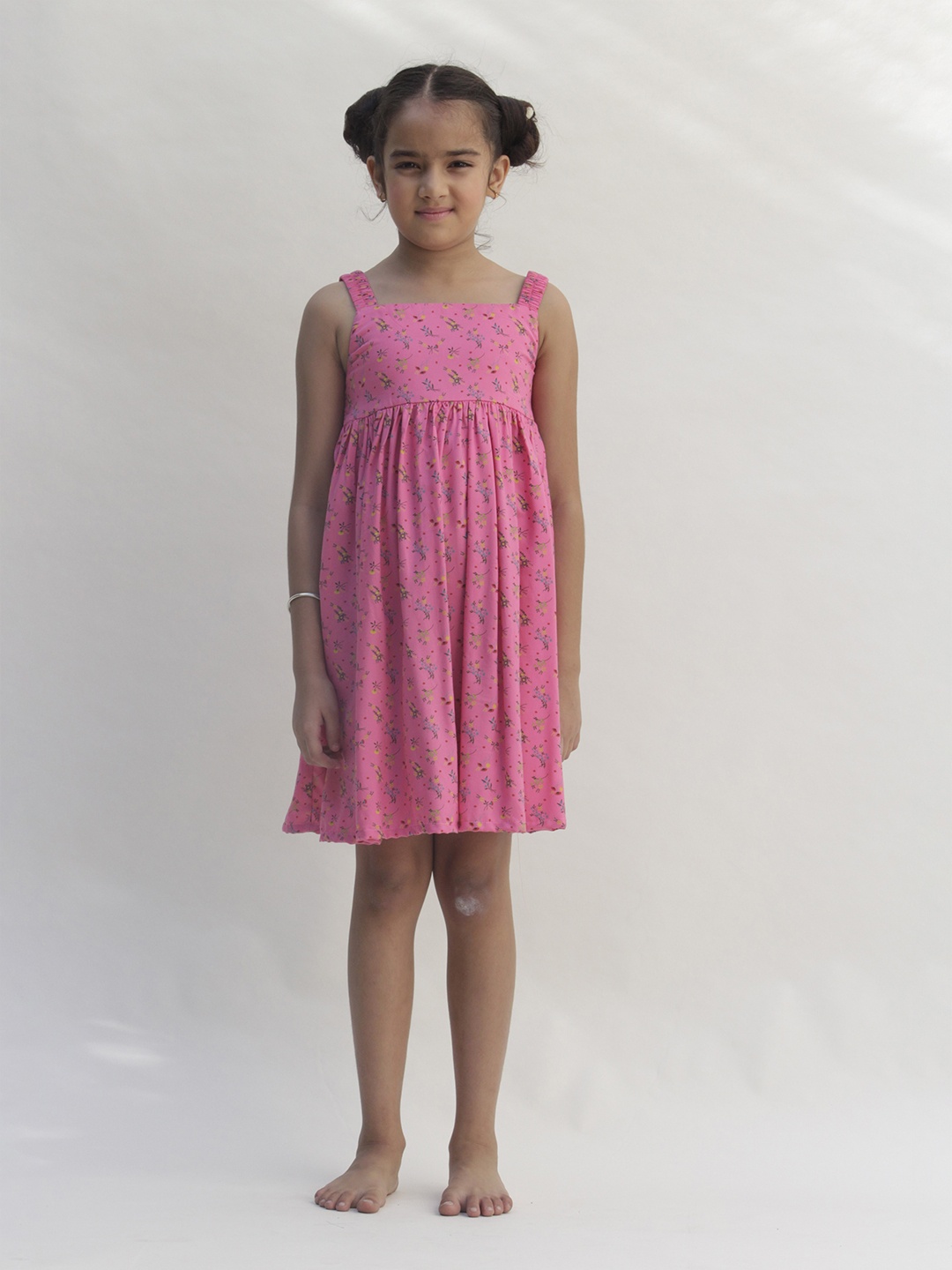 

Jungleebilli Girl Pink Floral Printed Shoulder Strap Fit and Flare Dress